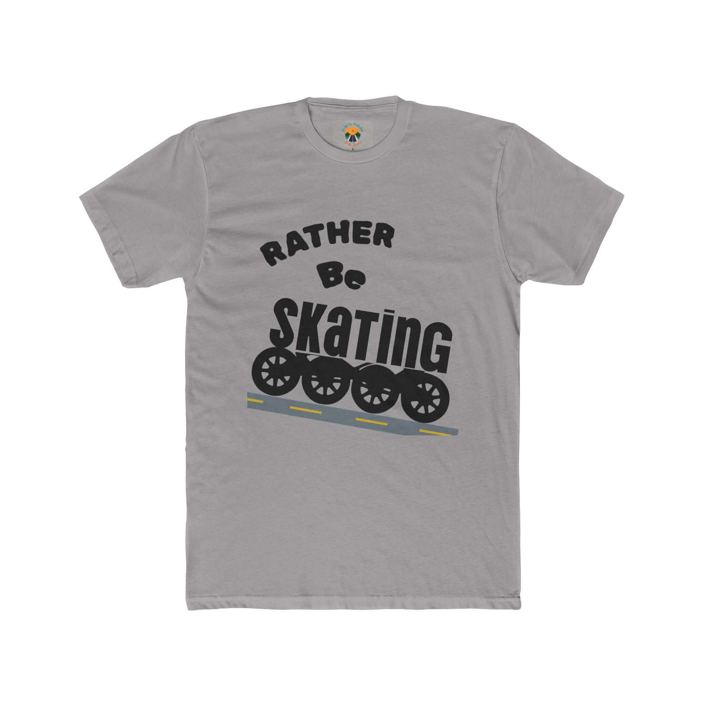 Gray unisex Skating Crew Tee with playful text 'Rather Be Skating' and roller skate graphic, perfect for skating enthusiasts.
