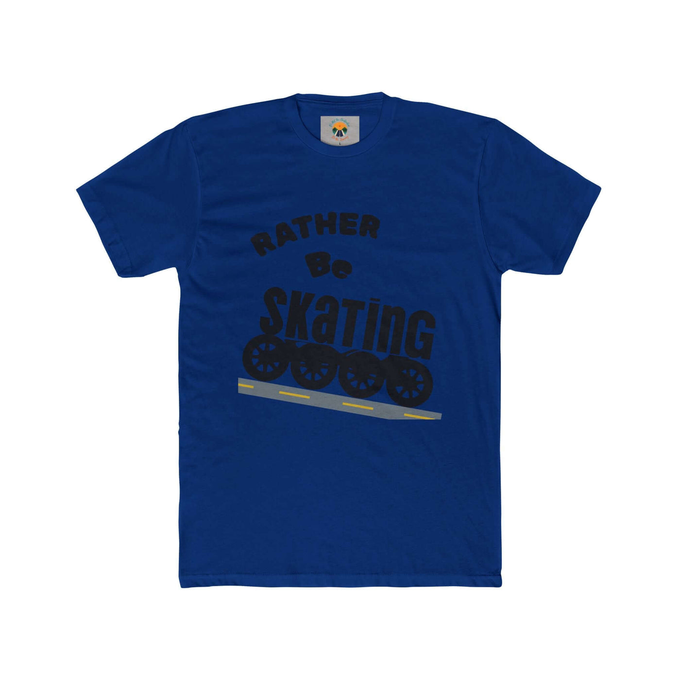 Unisex blue Skating Crew Tee with 'Rather Be Skating' design, perfect for rollerskaters and casual wear.