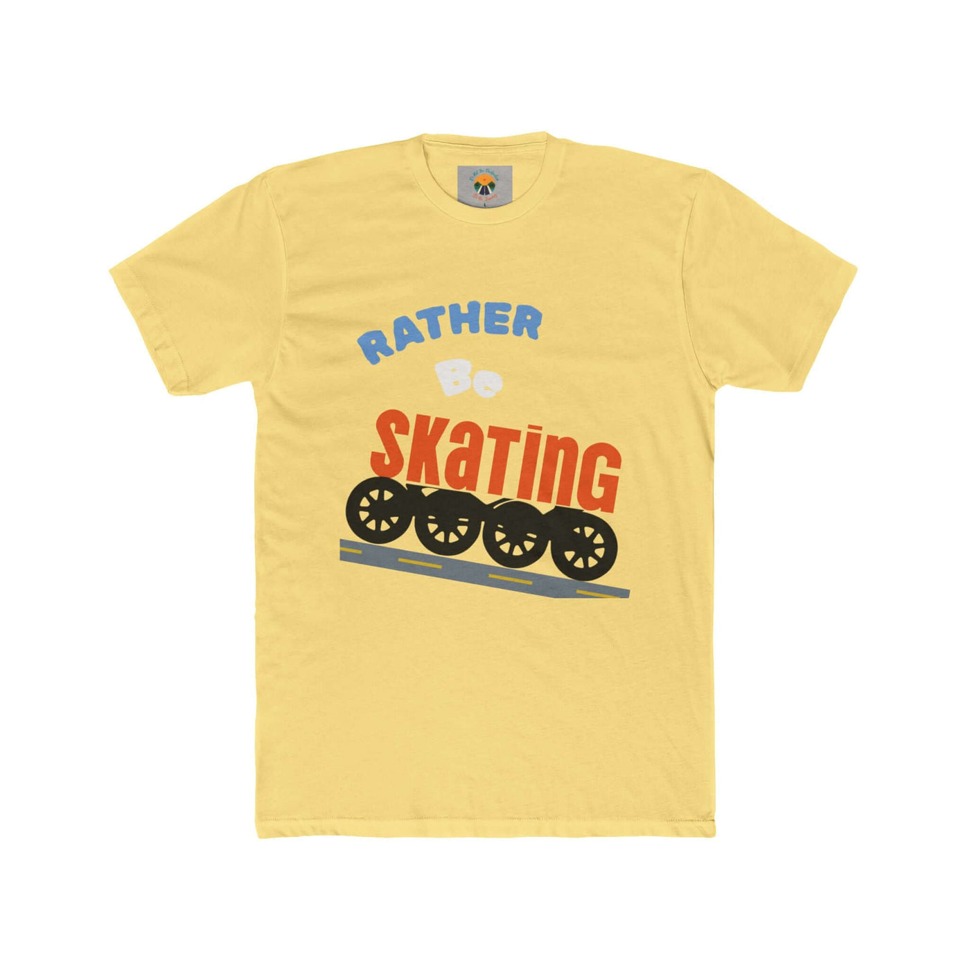 Yellow unisex Skating Crew Tee with playful 'Rather Be Skating' graphic, perfect for rollerskaters and casual outings.