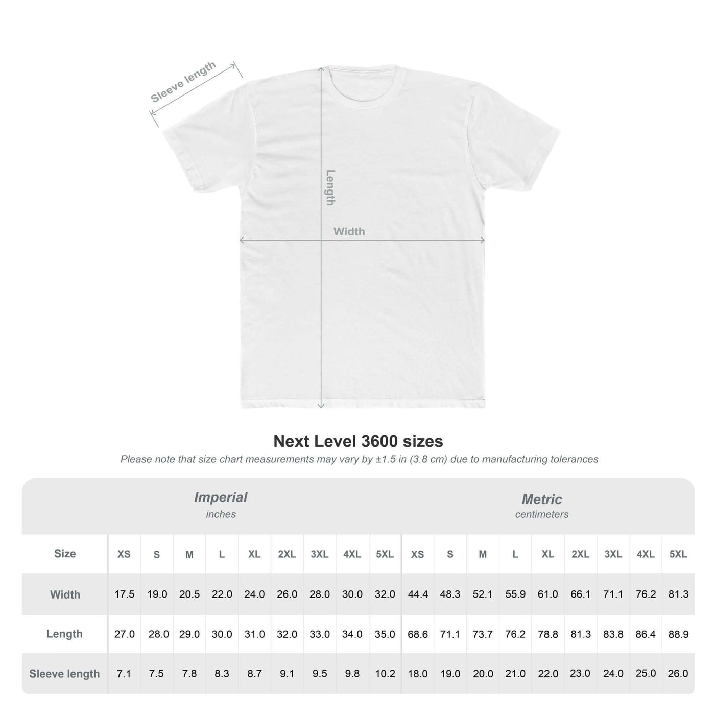 Size chart for Next Level 3600 Tee, showing imperial and metric measurements for unisex sizes.