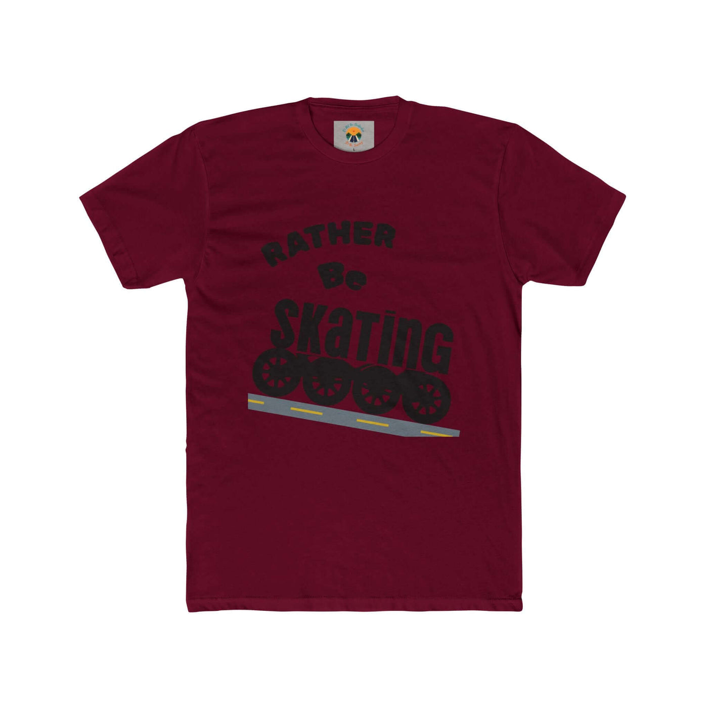Maroon unisex tee with text 'Rather Be Skating' and roller skate graphic, perfect for skating enthusiasts.