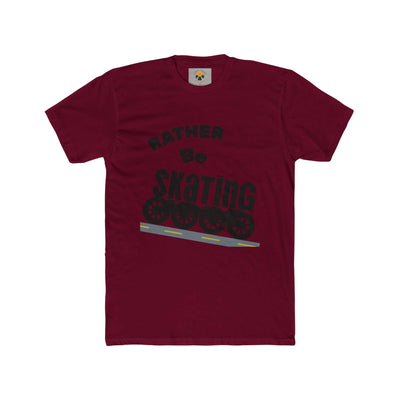 Maroon unisex tee with text 'Rather Be Skating' and roller skate graphic, perfect for skating enthusiasts.
