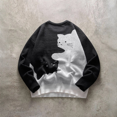 Men's Cat Pattern Round Neck Knitted Sweater