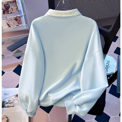 Fake Two-piece Tie Polo Collar Sweater For Women Spring And Autumn New Loose-fitting Non-hoodie