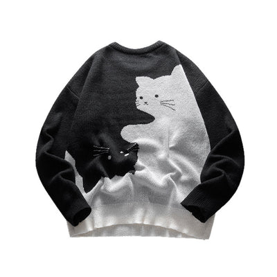 Men's Cat Pattern Round Neck Knitted Sweater