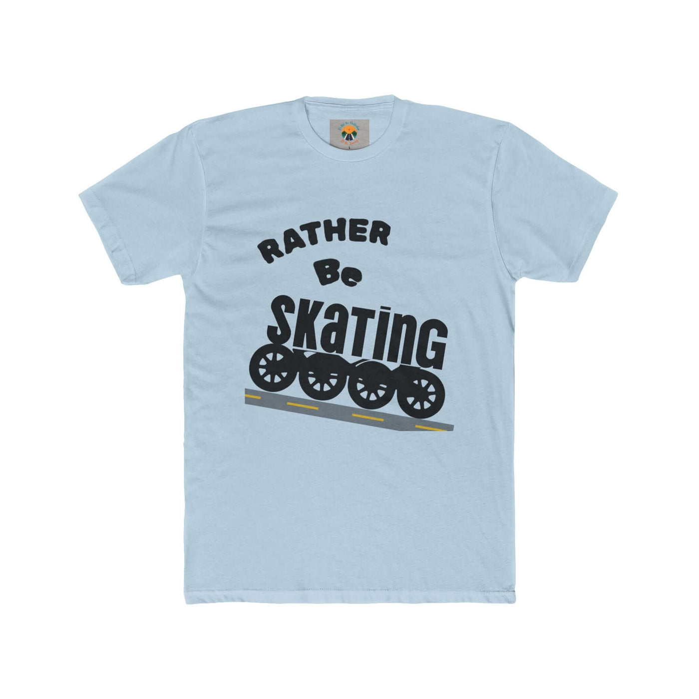 Light blue unisex skating crew tee with 'Rather Be Skating' graphic and roller skate design, perfect for casual wear.