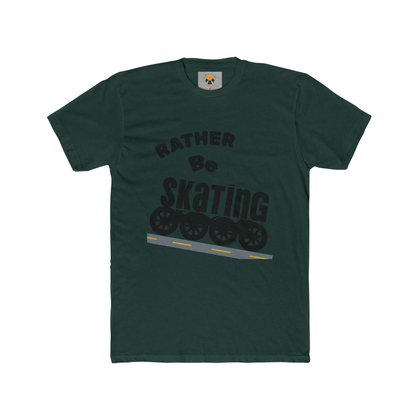 Unisex Skating Crew Tee with playful 'Rather Be Skating' design on dark green fabric, perfect for rollerskaters.