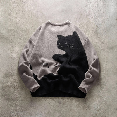 Men's Cat Pattern Round Neck Knitted Sweater