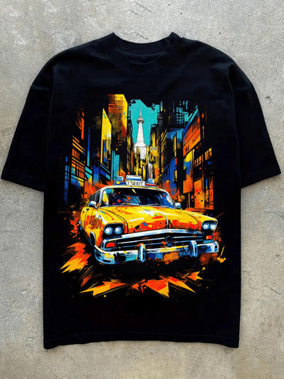 Yellow Taxi Printed In The City Block, Men's Novel Graphic Design T-shirt, Summer Casual And Comfortable T-shirt, Men's Top For Daily Activities