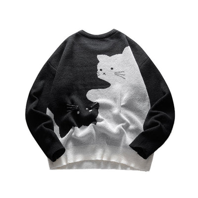 Men's Cat Pattern Round Neck Knitted Sweater