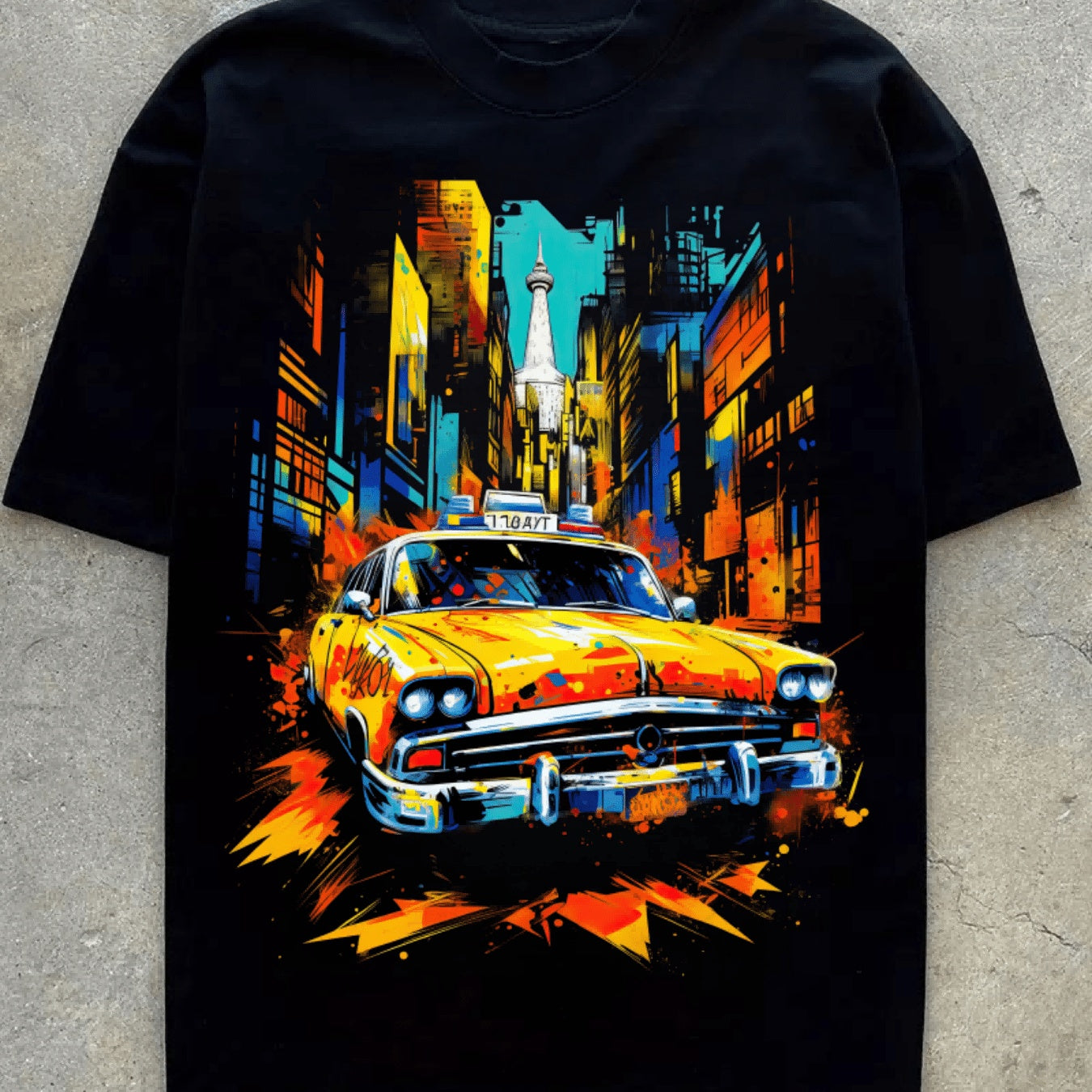 Yellow Taxi Printed In The City Block, Men's Novel Graphic Design T-shirt, Summer Casual And Comfortable T-shirt, Men's Top For Daily Activities